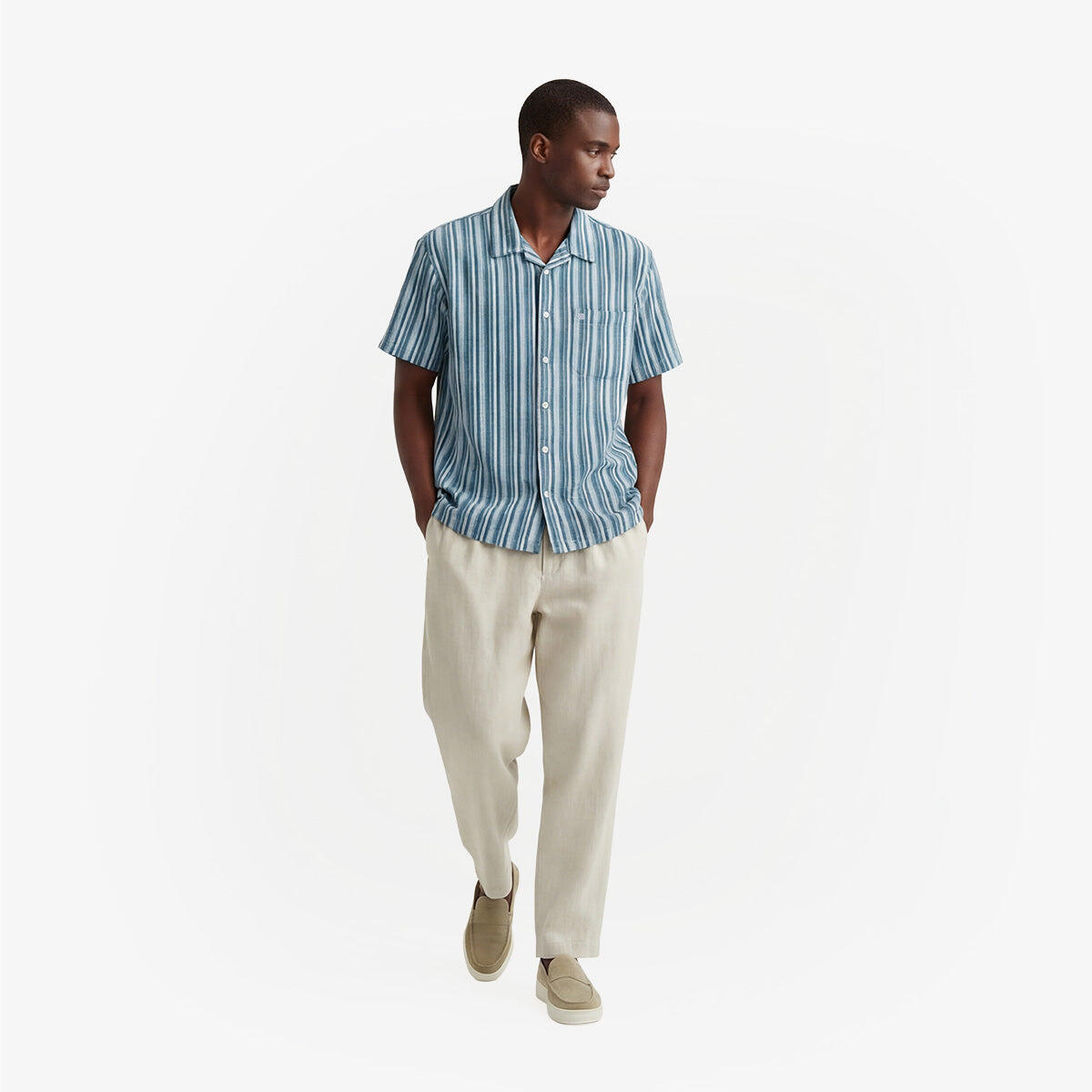 Camicia a maniche corte in cotone Caracas a righe blu navy 6/6