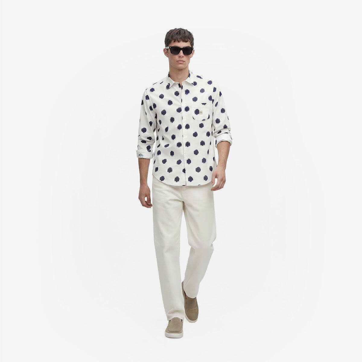 Camicia a maniche lunghe in cotone stampato a pois grandi bianchi 6/6