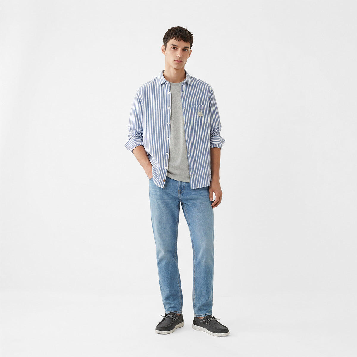 Camicia a maniche lunghe a righe in cotone azzurro cielo 7/7