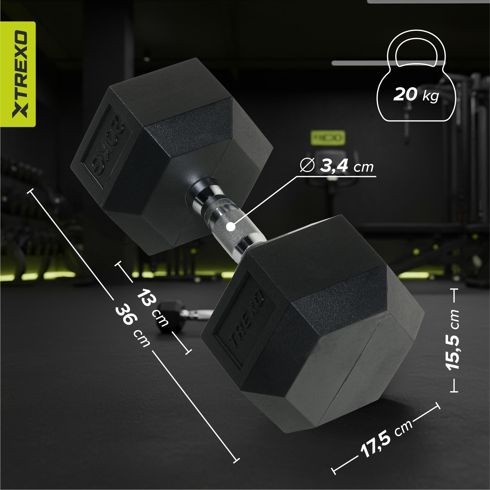 Haltère caoutchouté XTREXO Hex 20 kg 3/7