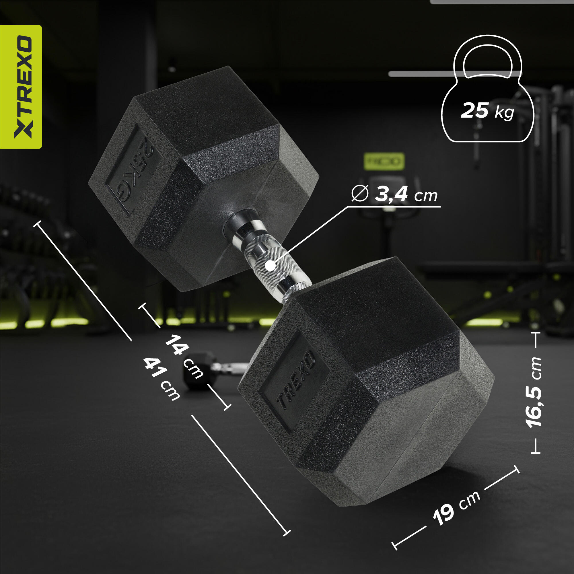 Haltère caoutchouté XTREXO Hex 25 kg 3/7