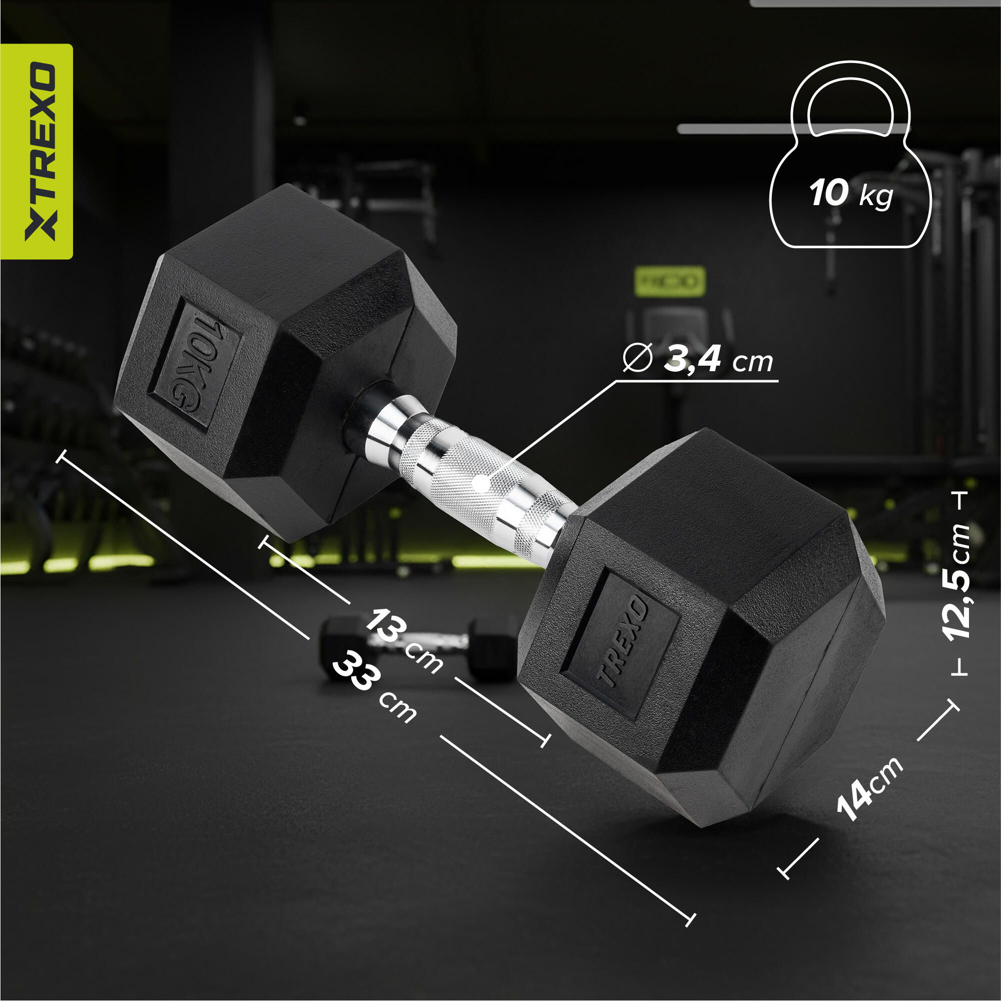 Hantel ogumowany XTREXO Hex 10 kg 3/7