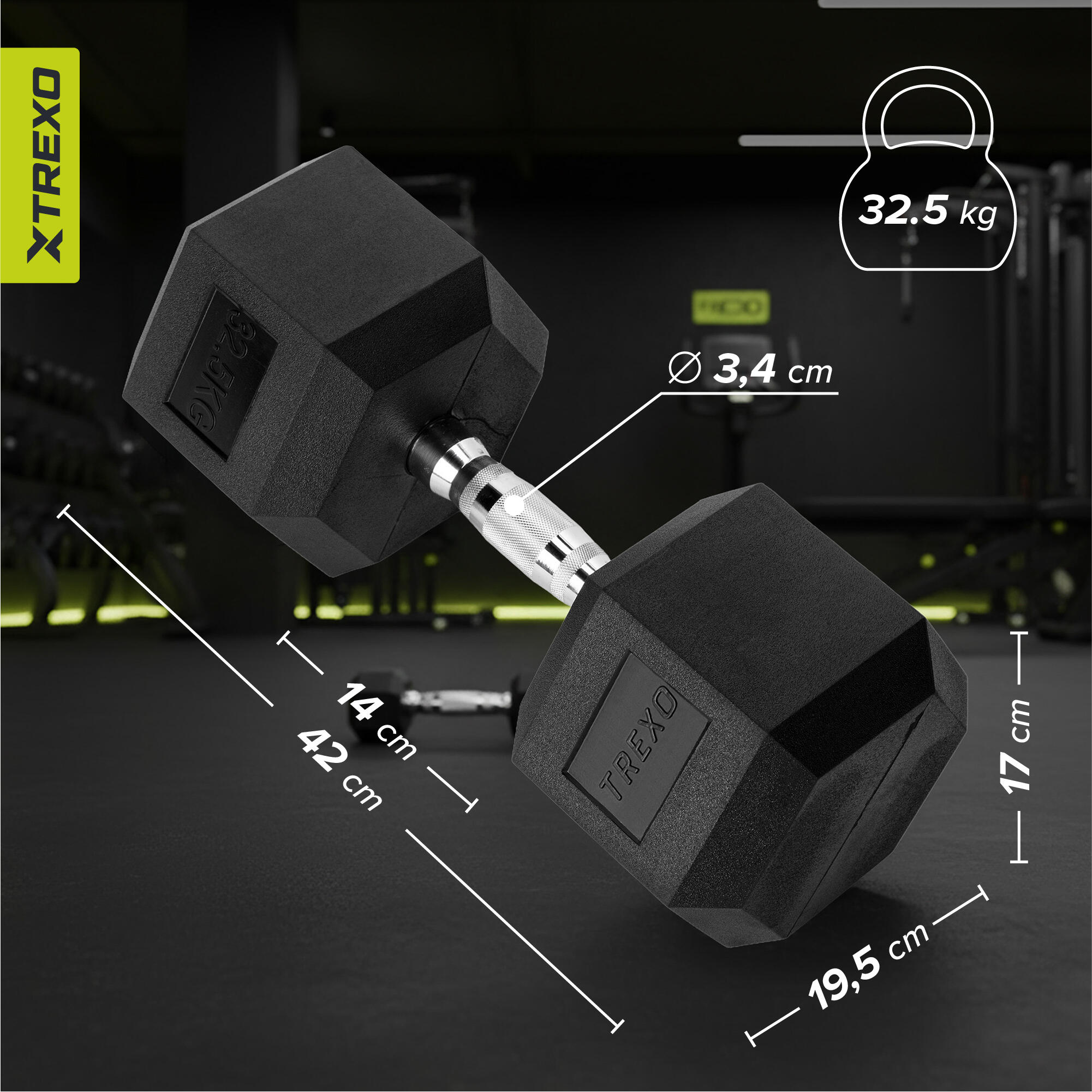 Hantel ogumowany XTREXO Hex 32.5 kg 3/7