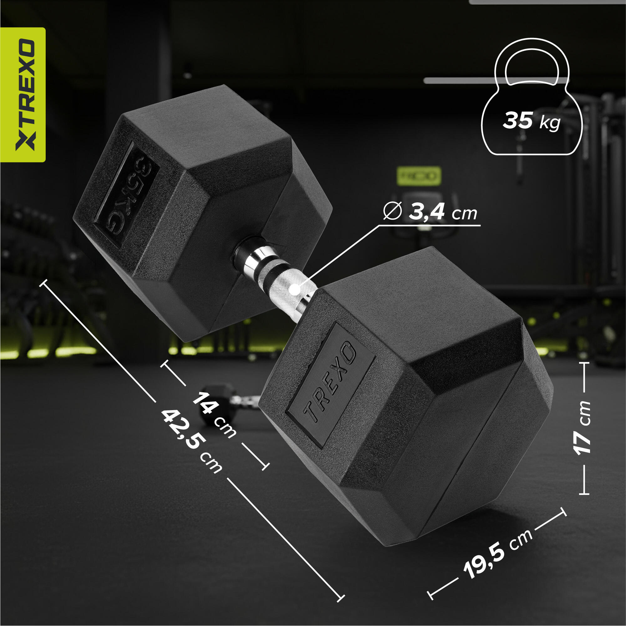 Haltère caoutchouté XTREXO Hex 35 kg 3/7