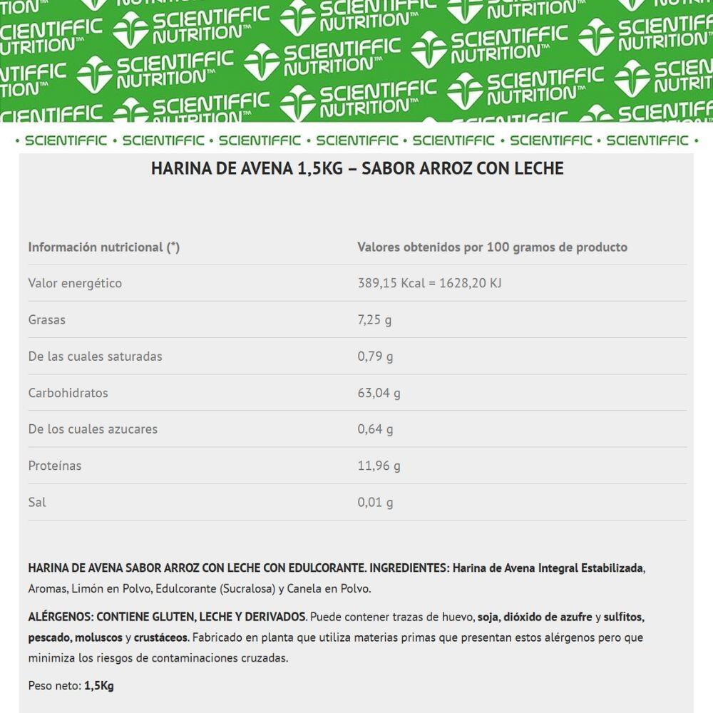 Harina de avena 1.5Kg Arroz con leche Scientiffic Nutrition 3/3