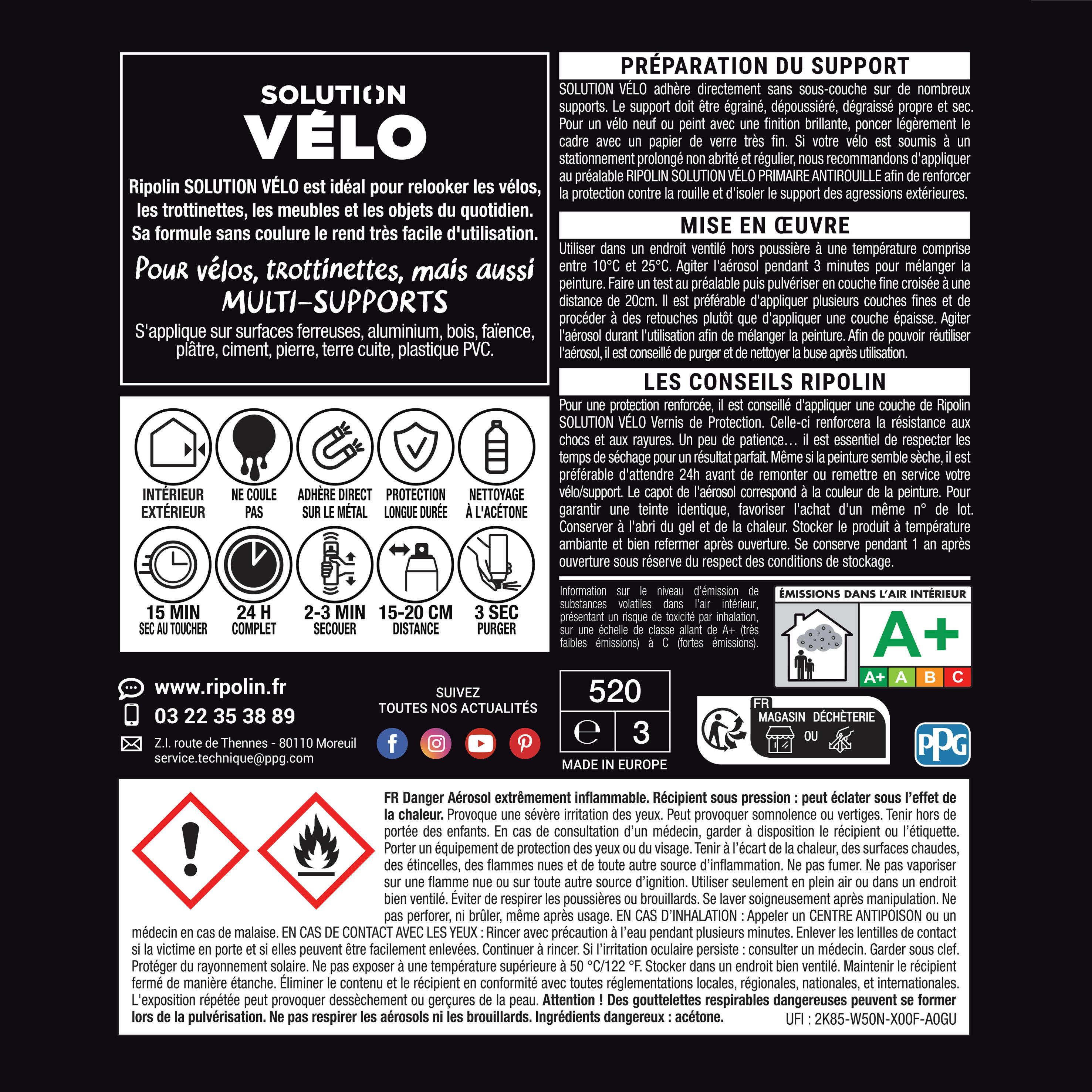Aérosol Peinture - Vélo - Finition Mate - RIPOLIN  - Piste Noire - 400 ml 2/3
