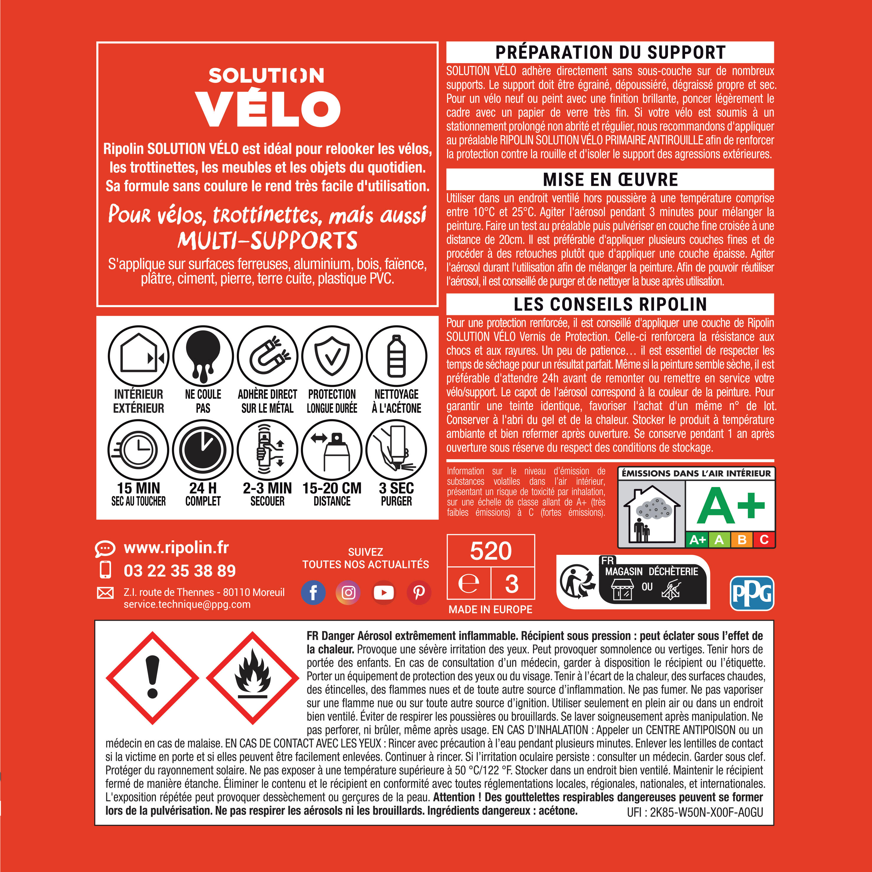 Aérosol Peinture - Vélo - Finition Mate - RIPOLIN - Rouge Turbo - 400 ml 2/3