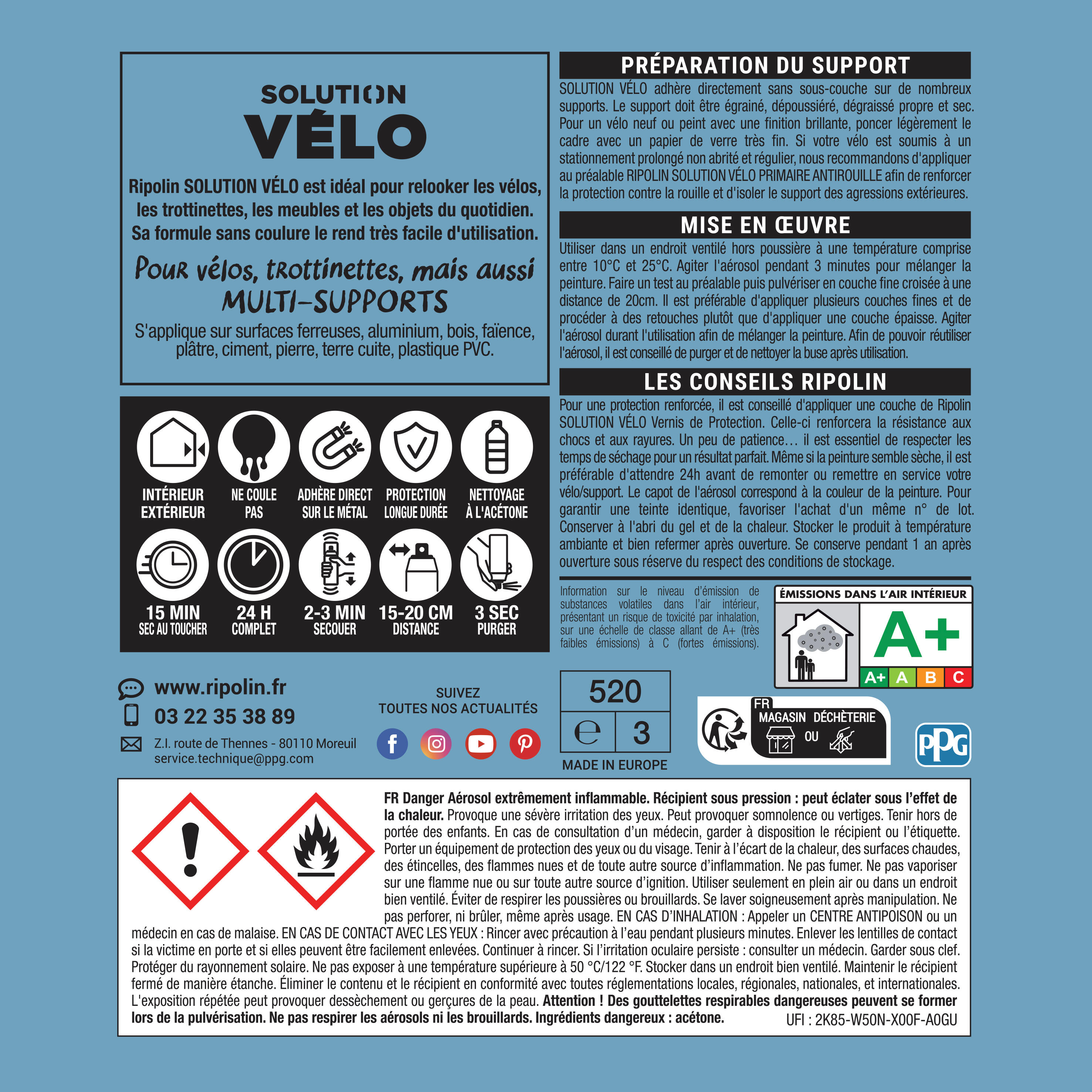 Aérosol Peinture - Vélo - Finition Mate - RIPOLIN  - Bleu Rétro - 400 ml 2/3