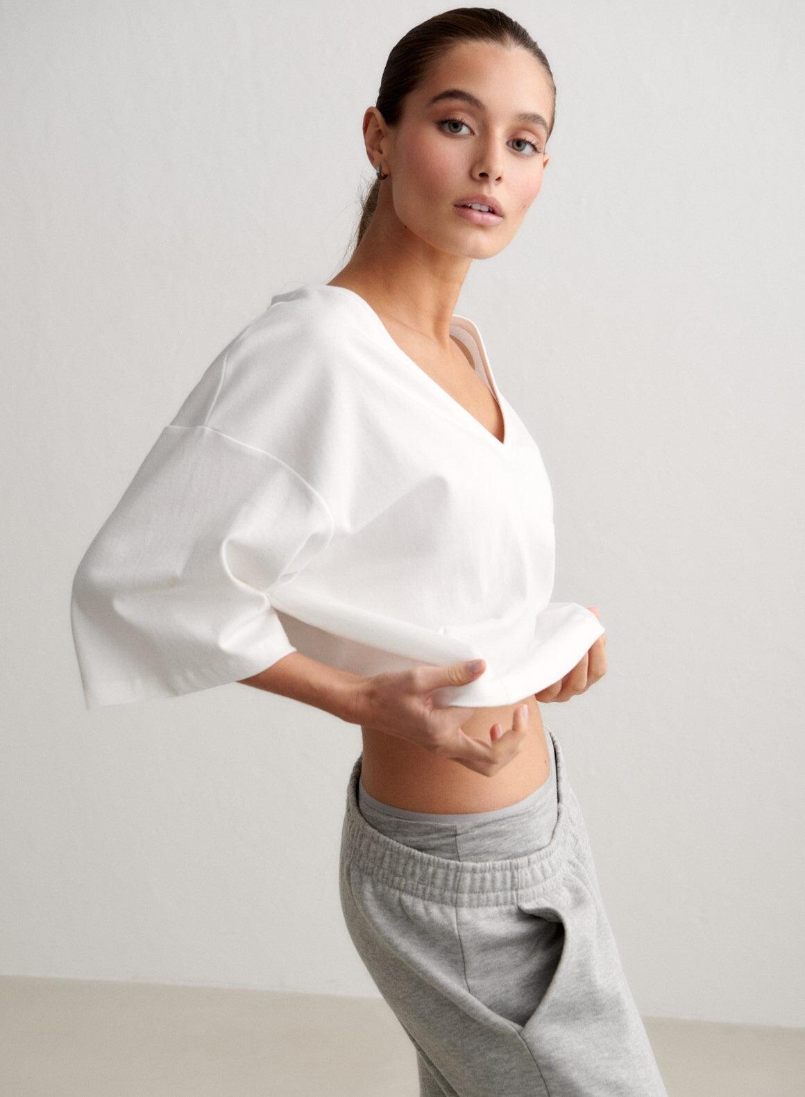 Femme T-shirt Col V Respirant Décontracté Raccourci Elevated Blanc 5/5