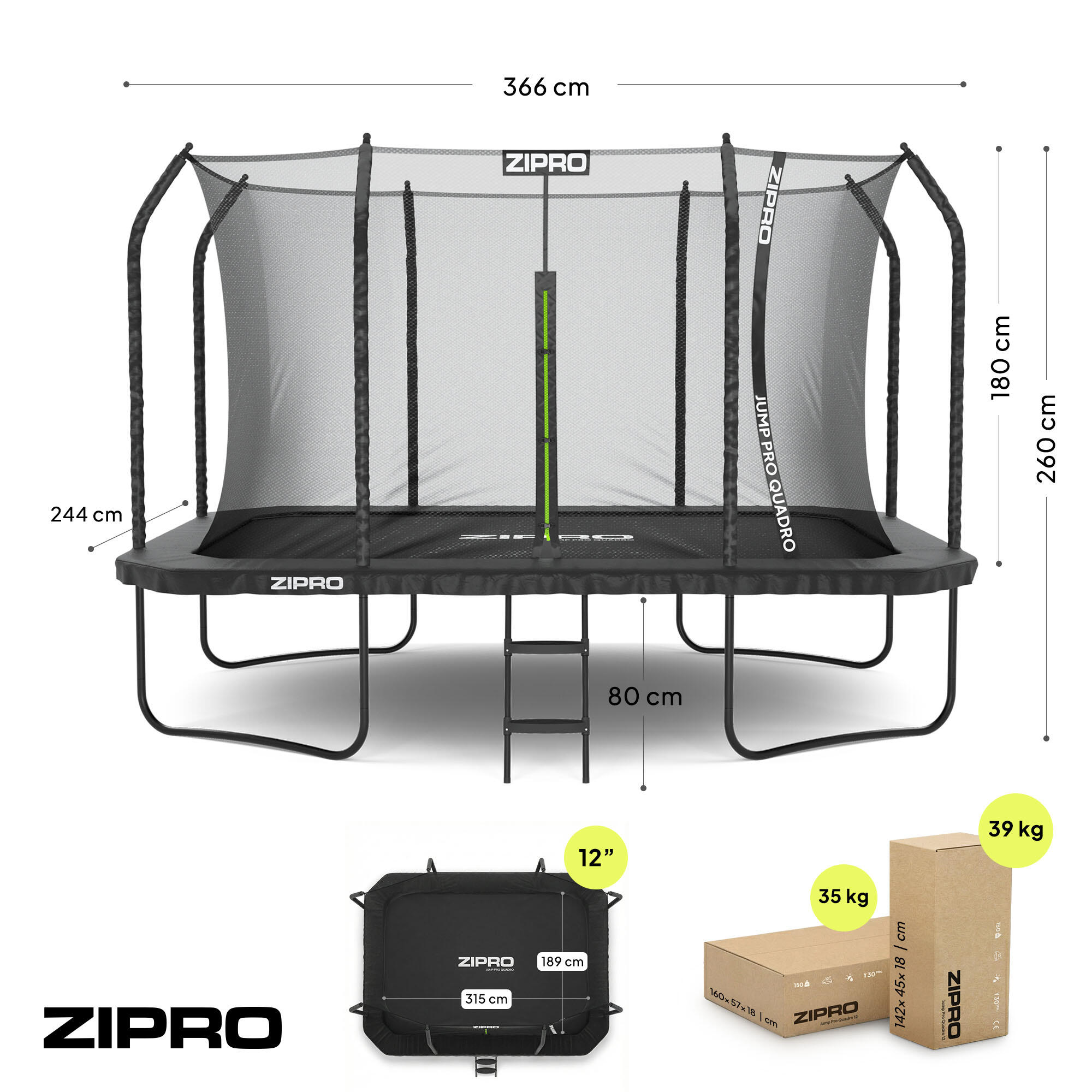 Trampoline Rechthoekig Zipro Jump Pro Quadro 366x244 cm met Veiligheidsnet 7/7