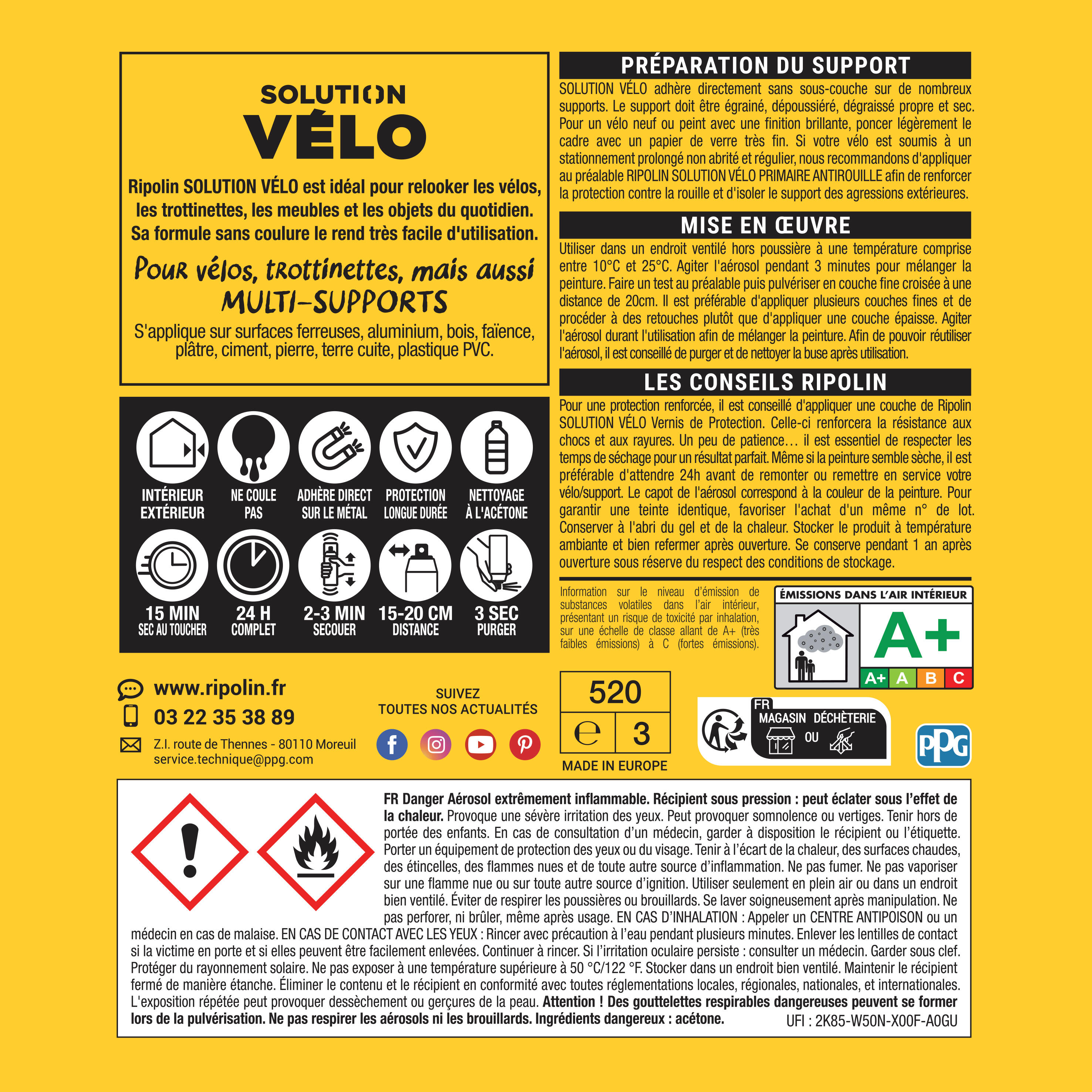 Aérosol Peinture - Vélo - Finition Mate - RIPOLIN - Maillot Jaune - 400 ml 2/3