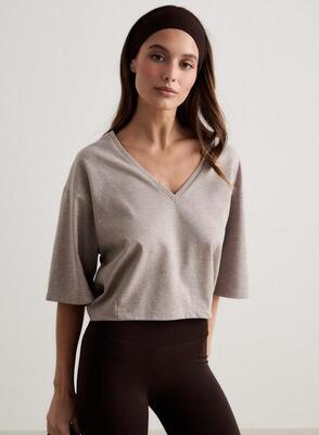 Donna Maglietta a Maniche Corte Scollo a V Vestibilità Comoda Espresso Melange