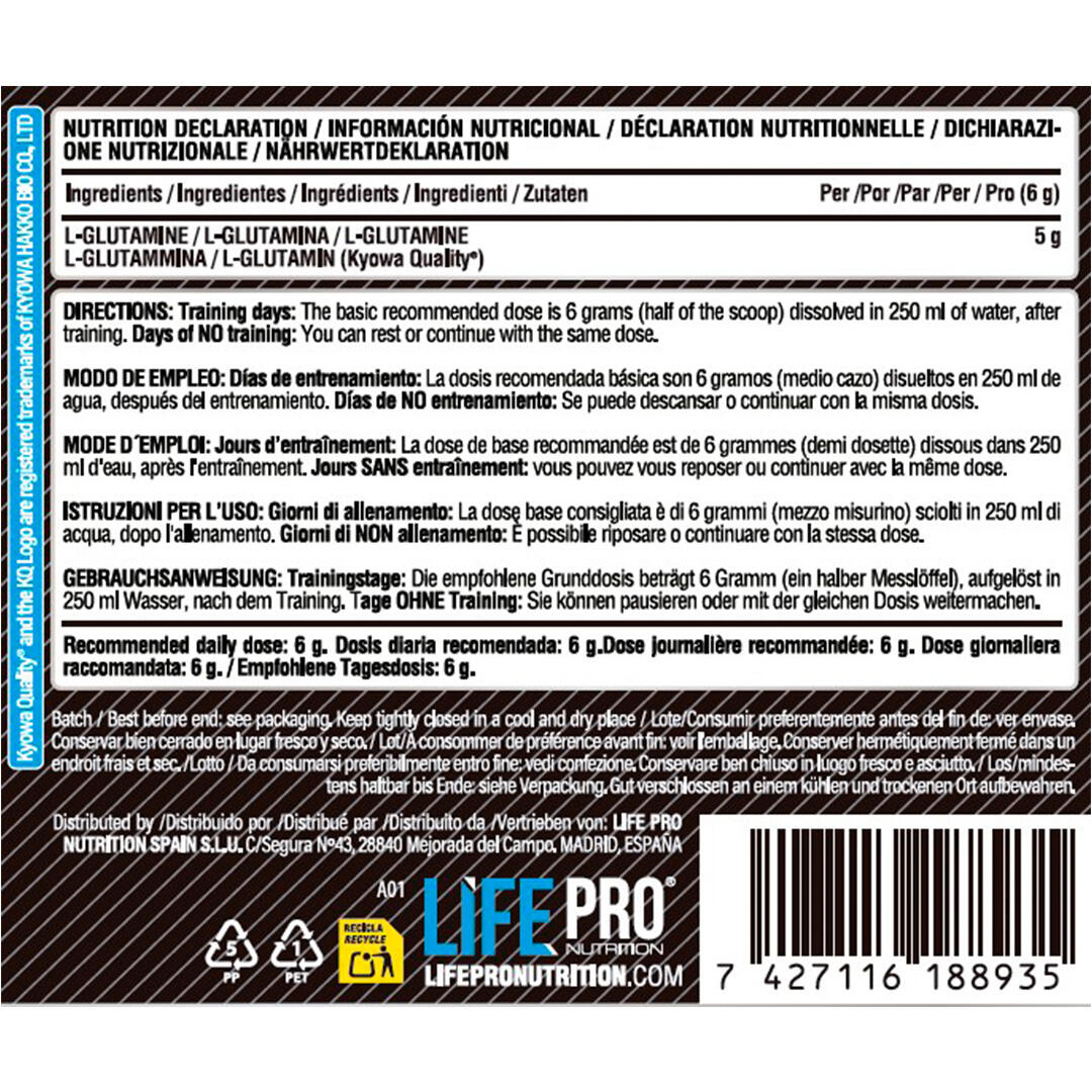 LIFE PRO GLUTAMINE 500G - Glutamina y Recuperación Muscular 4/6