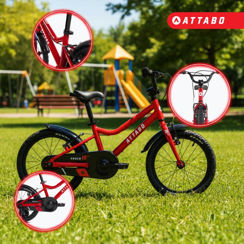 Rower dziecięcy ATTABO KNACK 16" czerwony lekki boczne kółka aluminium 2/7