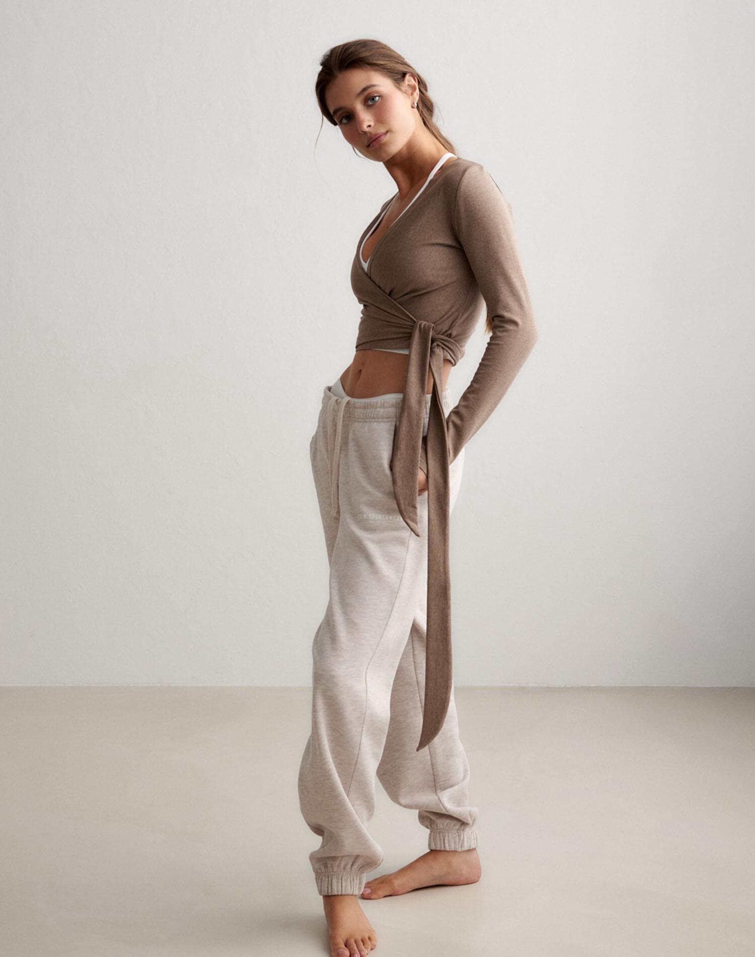 Femme Haut Cache-cœur Sans Couture Manches Longues Espresso Mélange 3/4