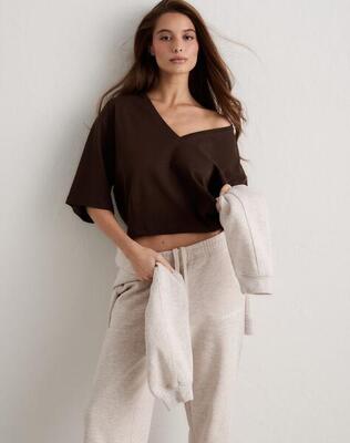 Donna Maglietta a Maniche Corte Scollo a V Vestibilità Comoda Espresso Melange