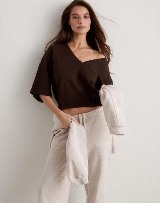 Donna Maglietta a Maniche Corte Scollo a V Vestibilità Comoda Espresso Melange