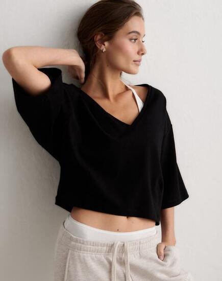 Donna Maglietta a Maniche Corte Scollo a V Vestibilità Comoda Espresso Melange