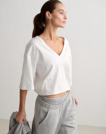 Damen T-Shirt Relaxed Fit V-Ausschnitt Bio-Baumwolle Elevated Weiß