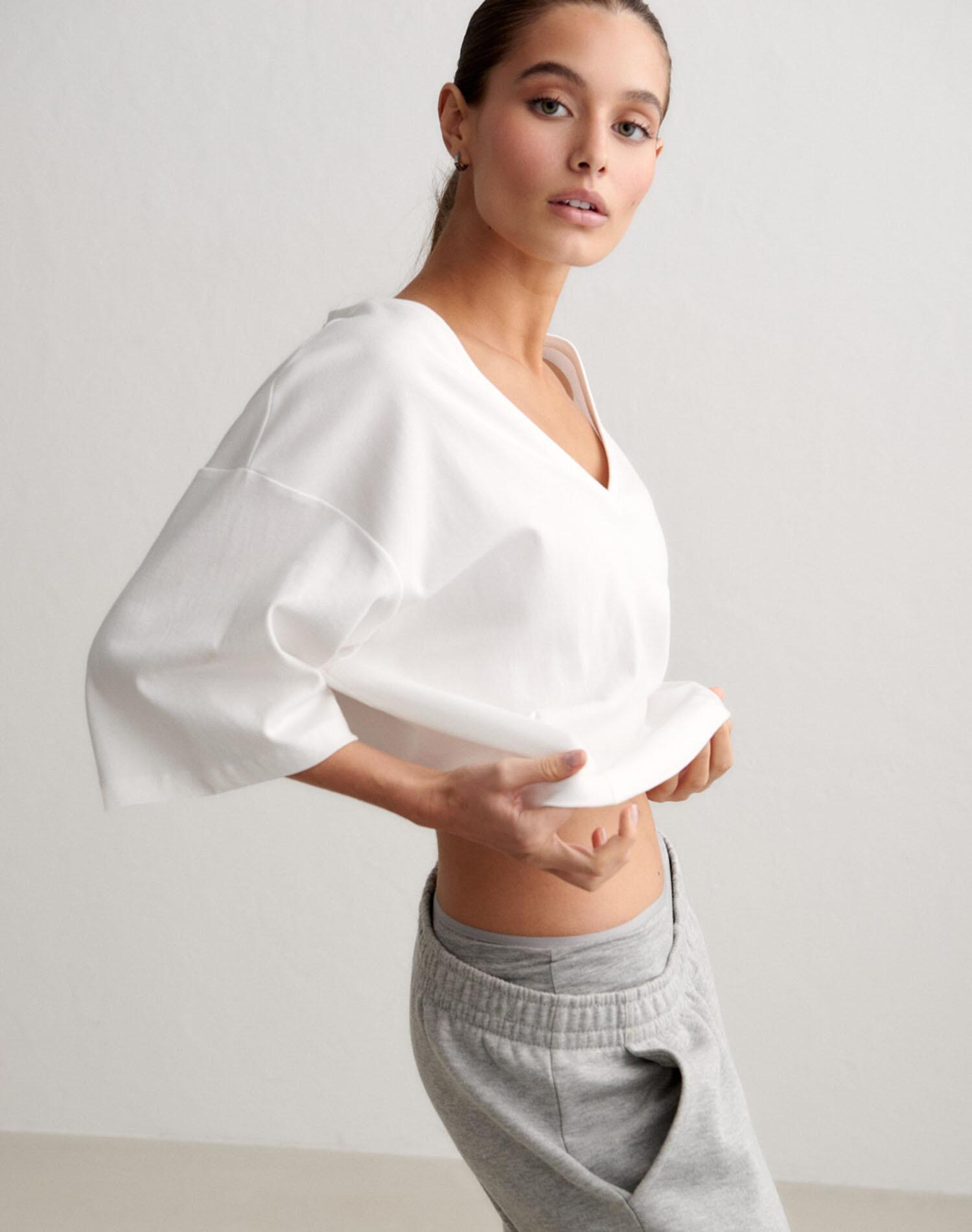 Femme T-shirt Col V Respirant Décontracté Raccourci Elevated Blanc 4/5