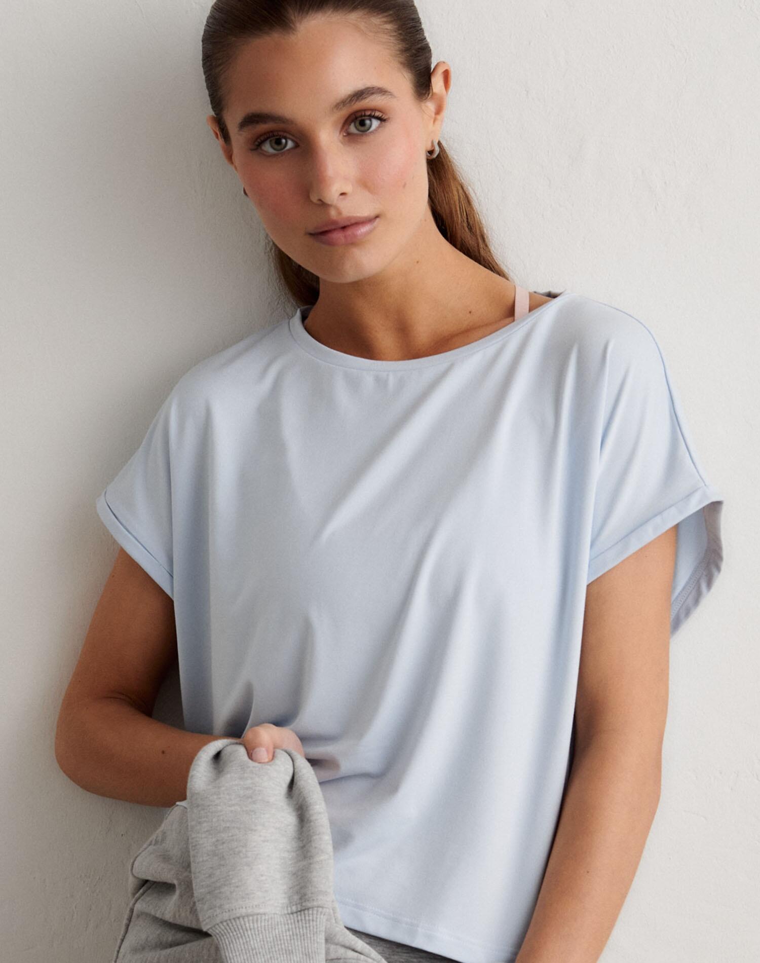 Camiseta Mujer Ultra Suave Secado Rápido Soft Basic Manga Corta Azul 3/4