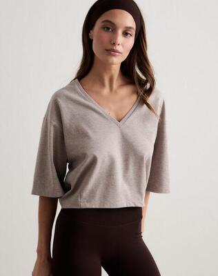 Donna Maglietta a Maniche Corte Scollo a V Vestibilità Comoda Espresso Melange