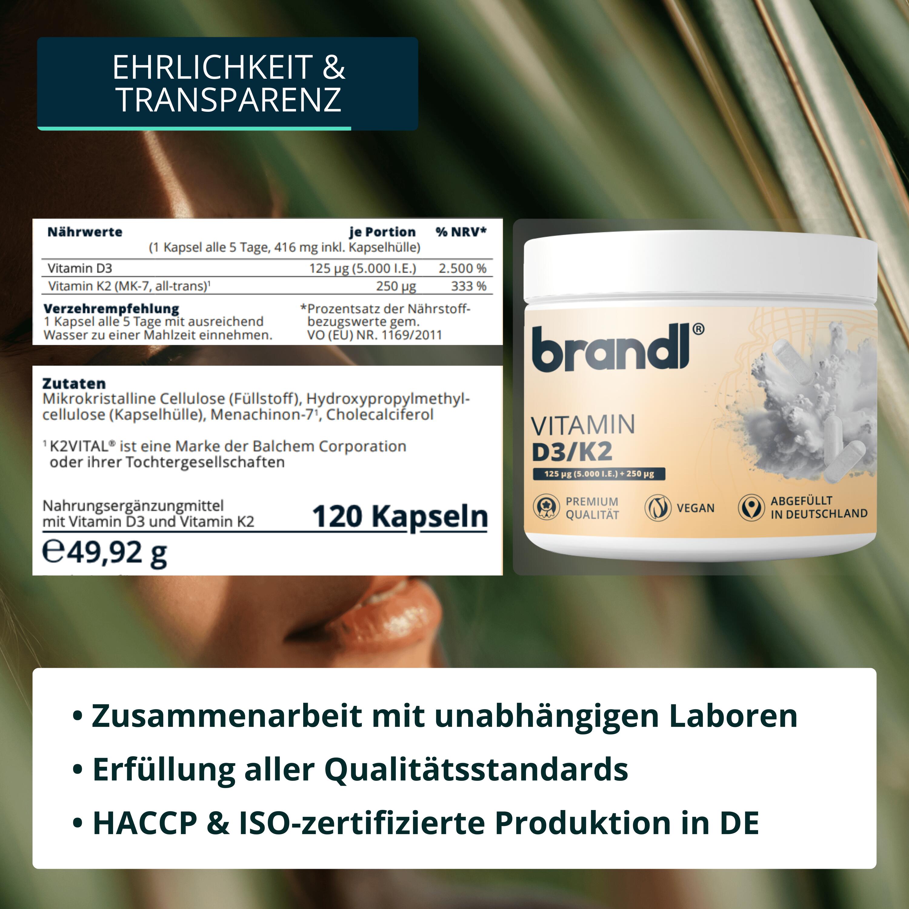 brandl® D3 K2 Kapseln hochdosiert [120 Stück] | vegan | Laborgeprüft 5/6