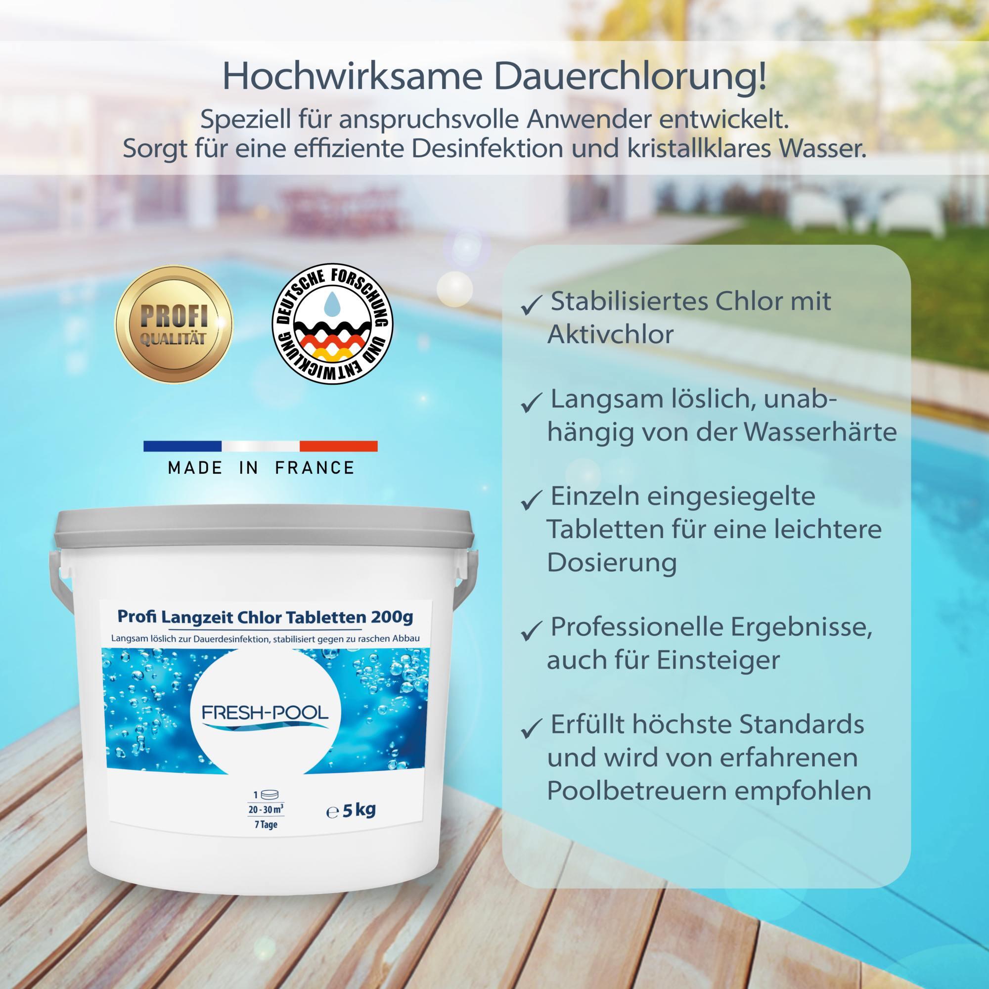 Fresh-Pool Profi Langzeit Chlor Tabletten 200g 5 kg - Chlortabs /
Chlortabletten 3/7