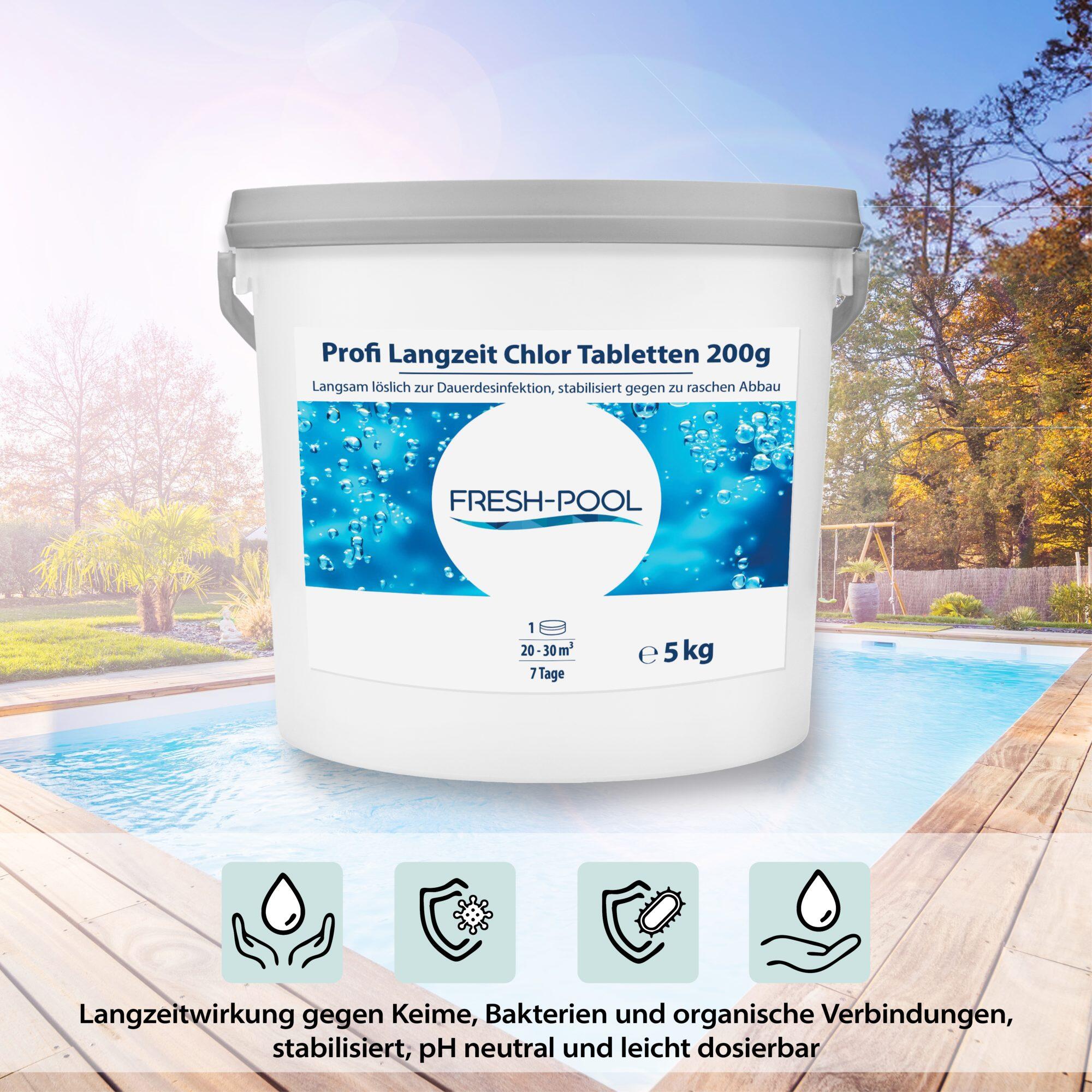 Fresh-Pool Profi Langzeit Chlor Tabletten 200g 5 kg - Chlortabs /
Chlortabletten 2/7