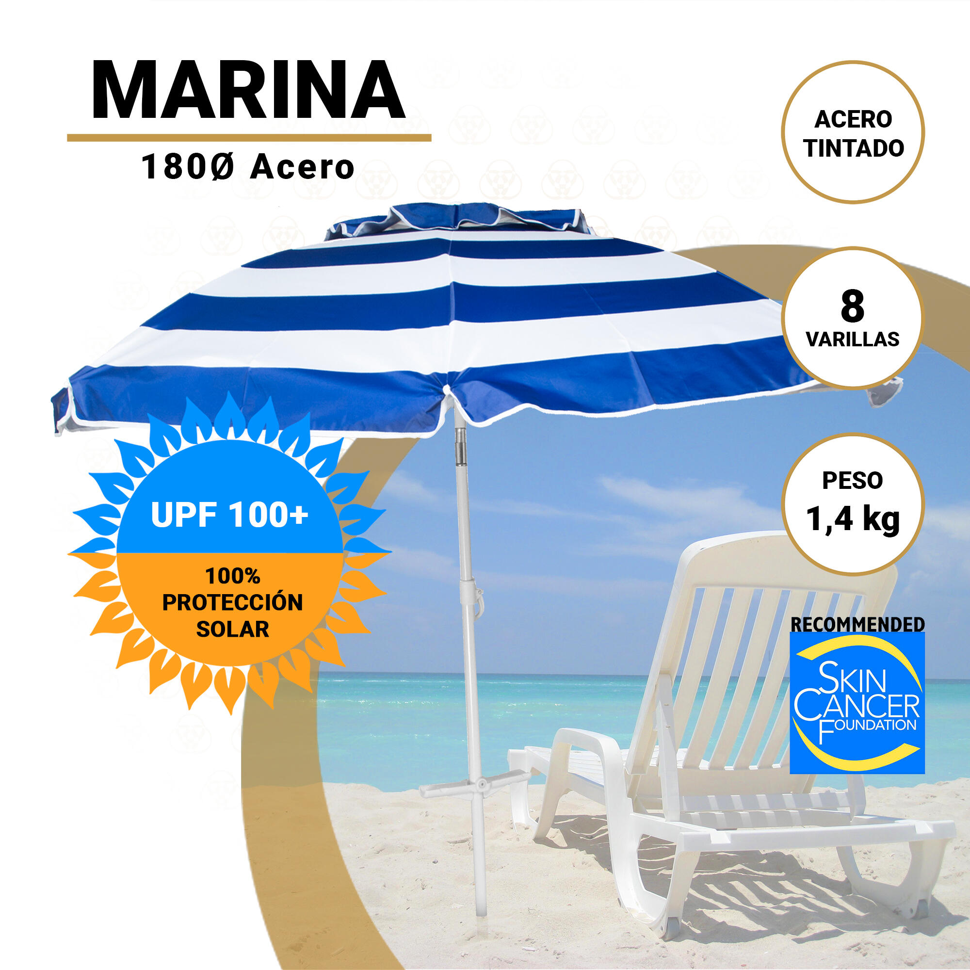 Sombrilla Playa 180 cm/8 Varillas Acero - CREVICOSTA Marina 2/6