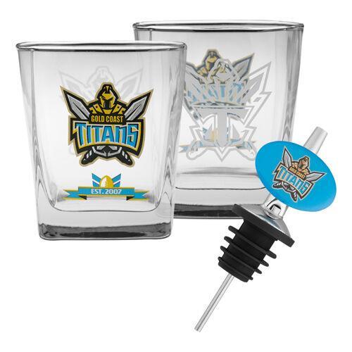 NRL Gold Coast Titans Set Of 2 Spirit Glasses And Pourer Gift Pack -