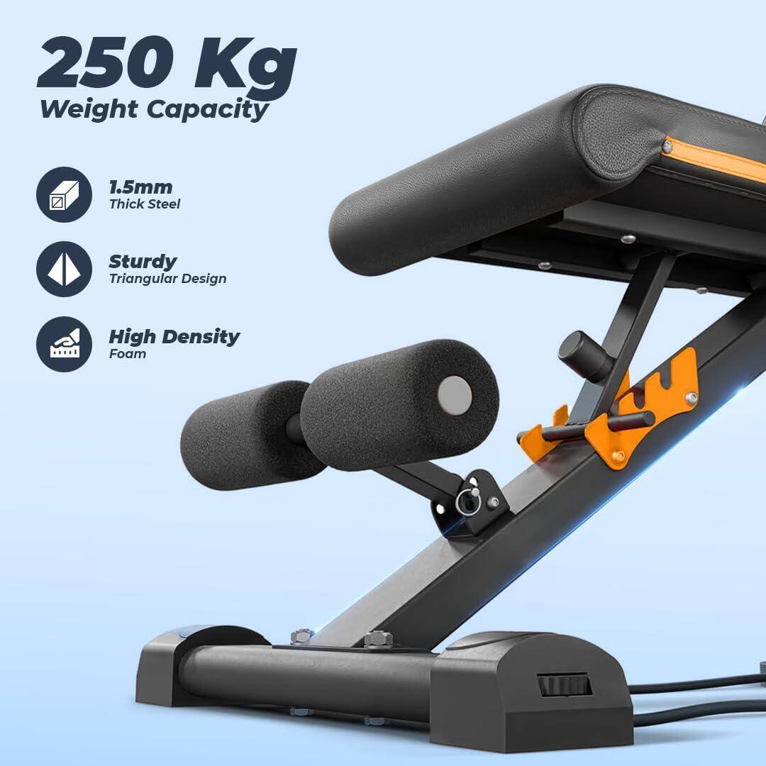 Flexnest Flexbench 2.0 Adjustable Gym Bench Incline, Decline & Flat 250Kg with Resistance Rope - Black -  2
