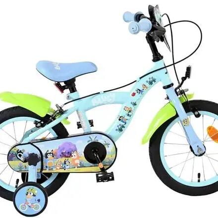 Bluey 14-inch Kids Bike light blue with neon green mudguards and 2 hand brakes