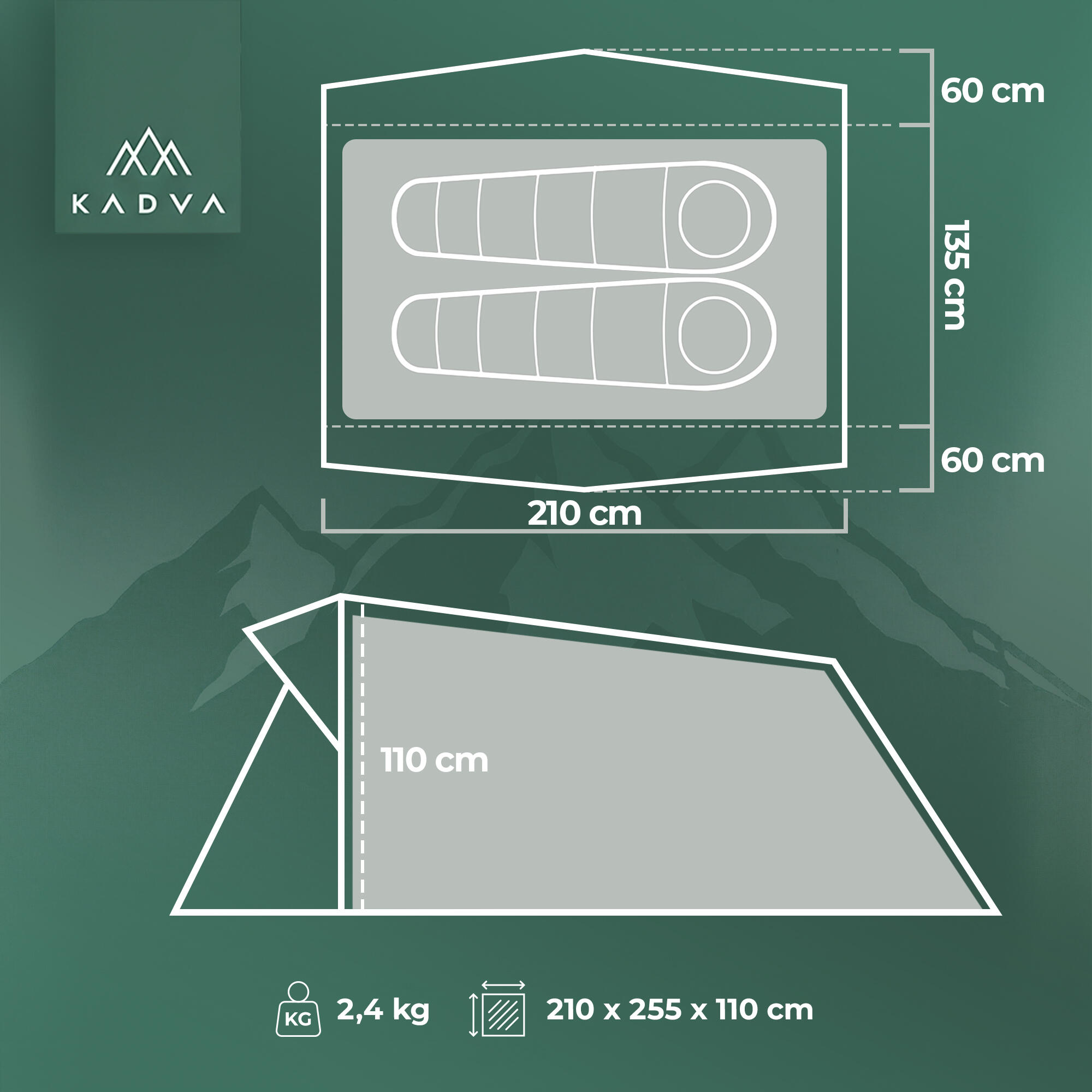 Ultralichte 2-persoons trekkingtent KADVA EXPEDIT 2 PRO 2/7