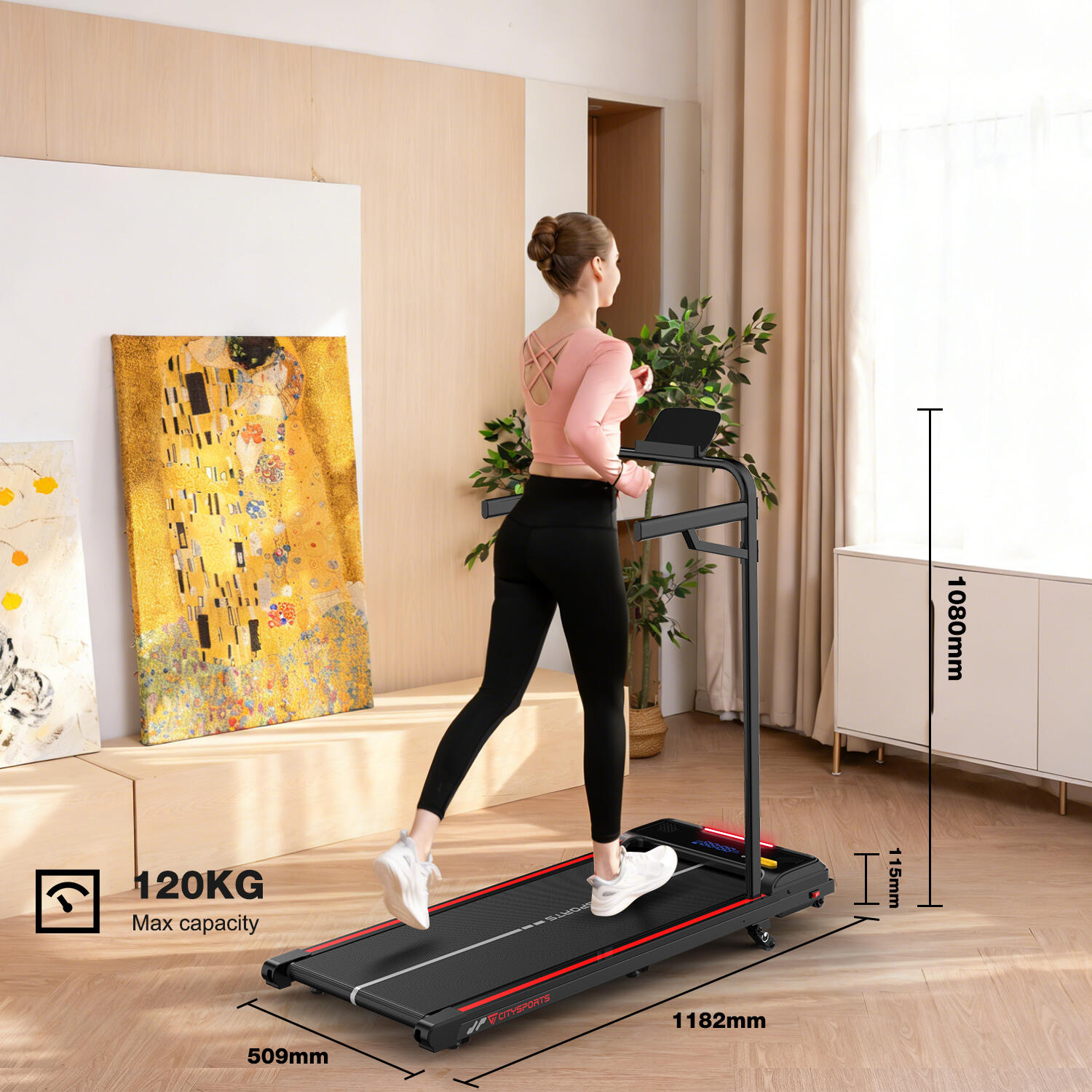 Tapis de Marche Inclinable 13.41%. 440W, 6.0km/h, Bluetooth,Accoudoirs amovibles 3/7