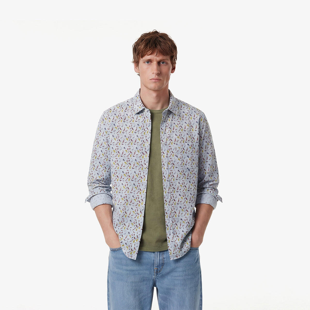 Camicia a maniche lunghe in lino con carpe koi blu cielo 2/5