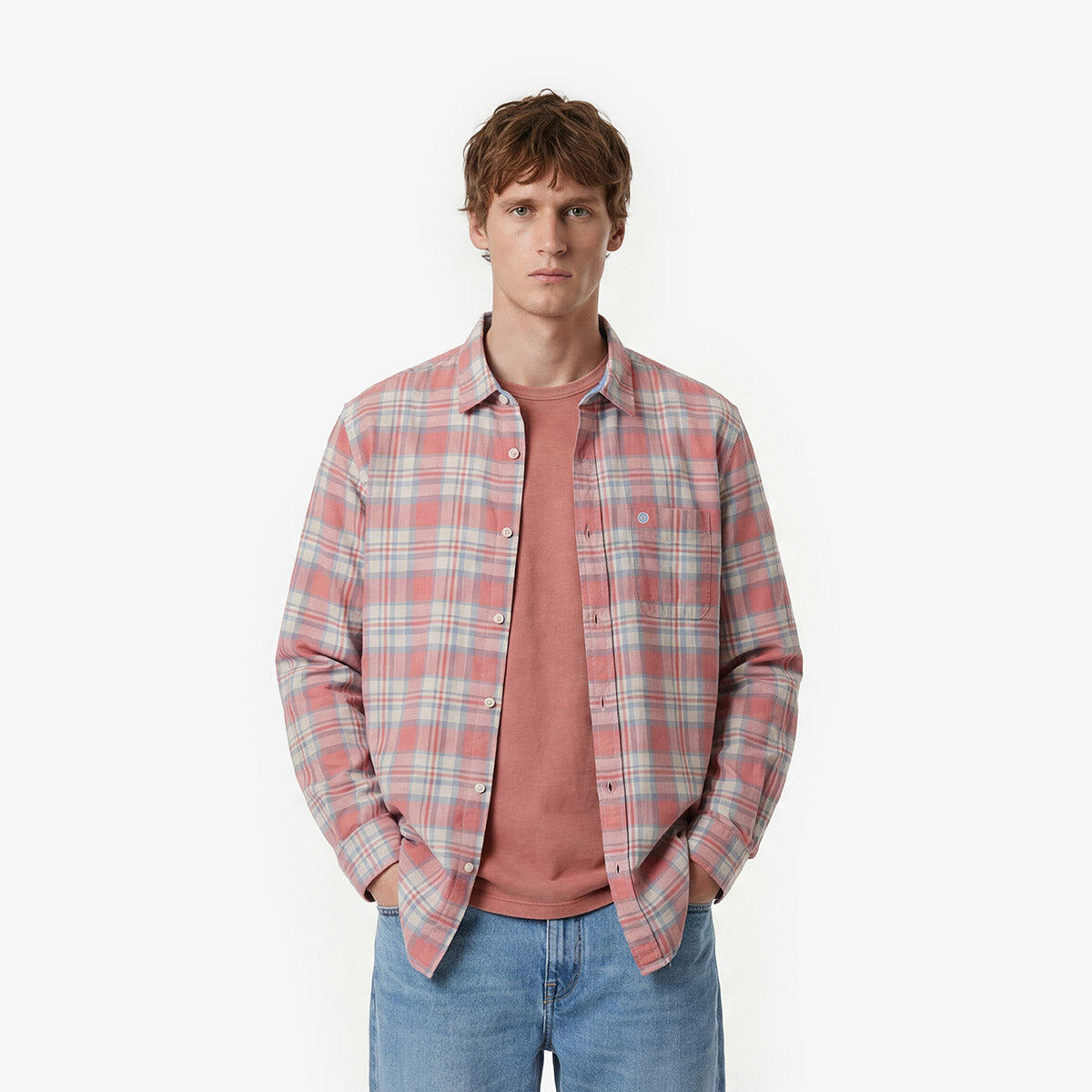 Camicia a maniche lunghe a quadri in cotone rosa 2/5