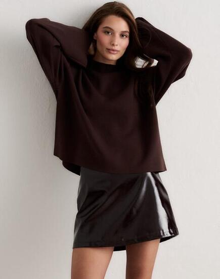 Femme Jupe Mini Simili Cuir Taille Élastique Zip Latéral Chocolat