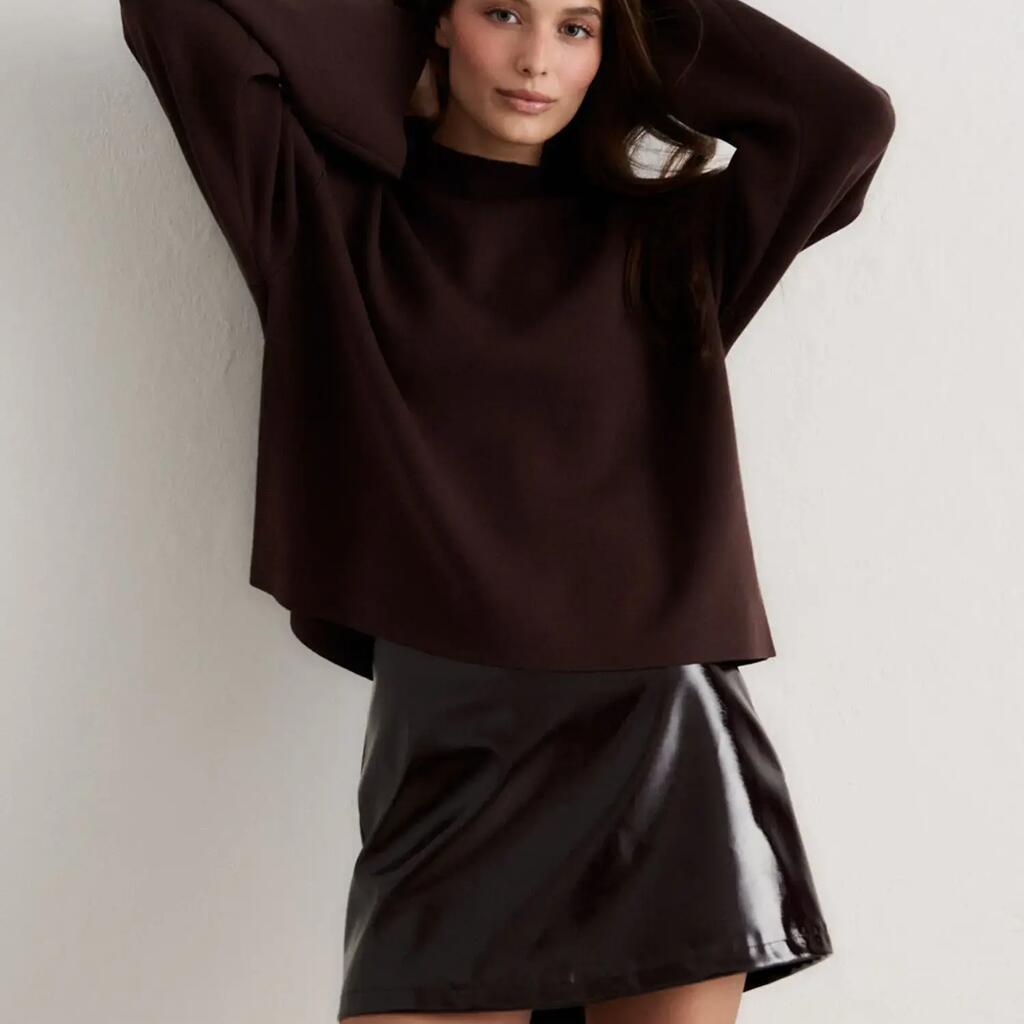 Women's Faux Leather Mini Skirt Elastic Waist Side-Zip Chocolate Brown