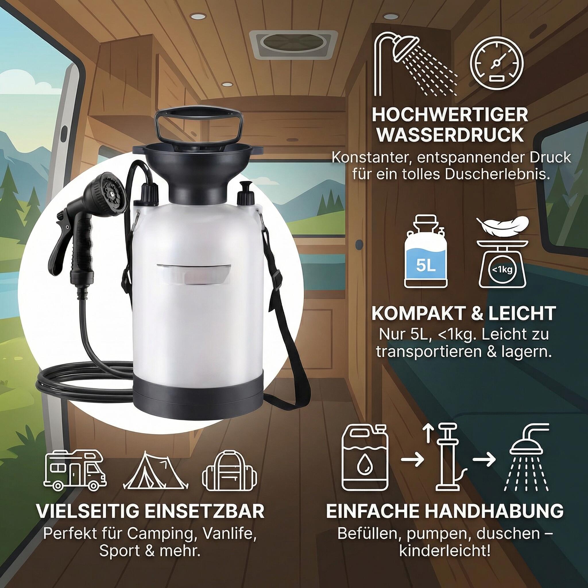 Camping Dusche 5 Liter mit Wasserdruck für Zelt Vanlife Minicamper 3/5