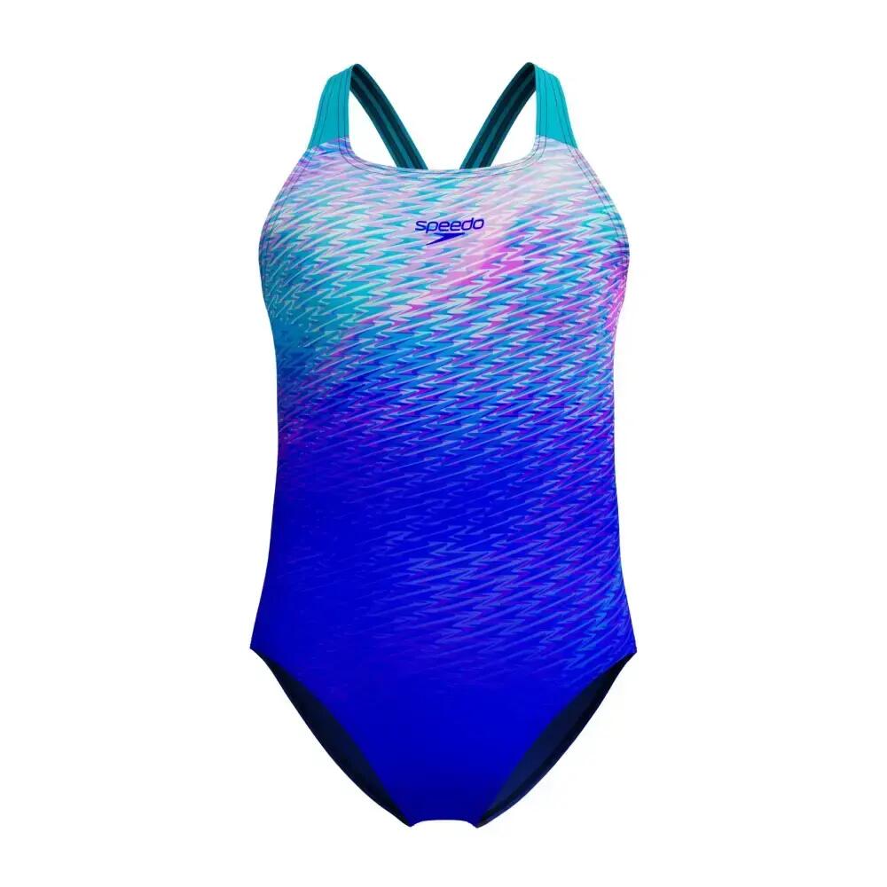 Speedo Girls Allover Printed Powerback Swimsuit - Blue/Turquoise