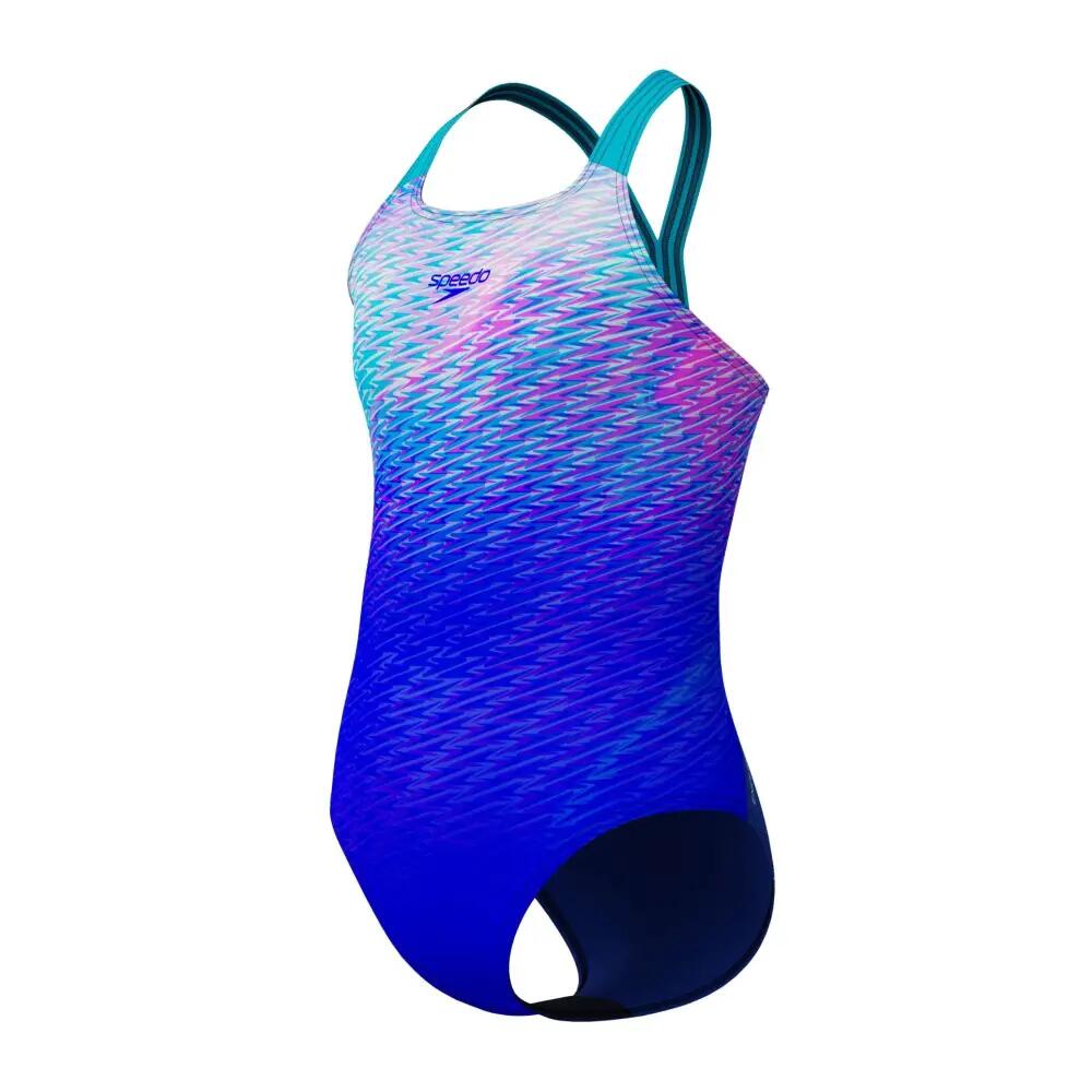 Speedo Girls Allover Printed Powerback Swimsuit - Blue/Turquoise 3/5