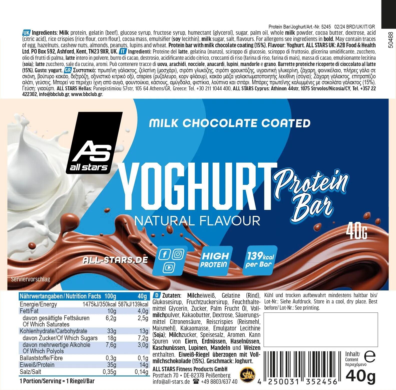 All Stars Yoghurt Protein Bars 18 x 40g Chocolate Coated 3/4