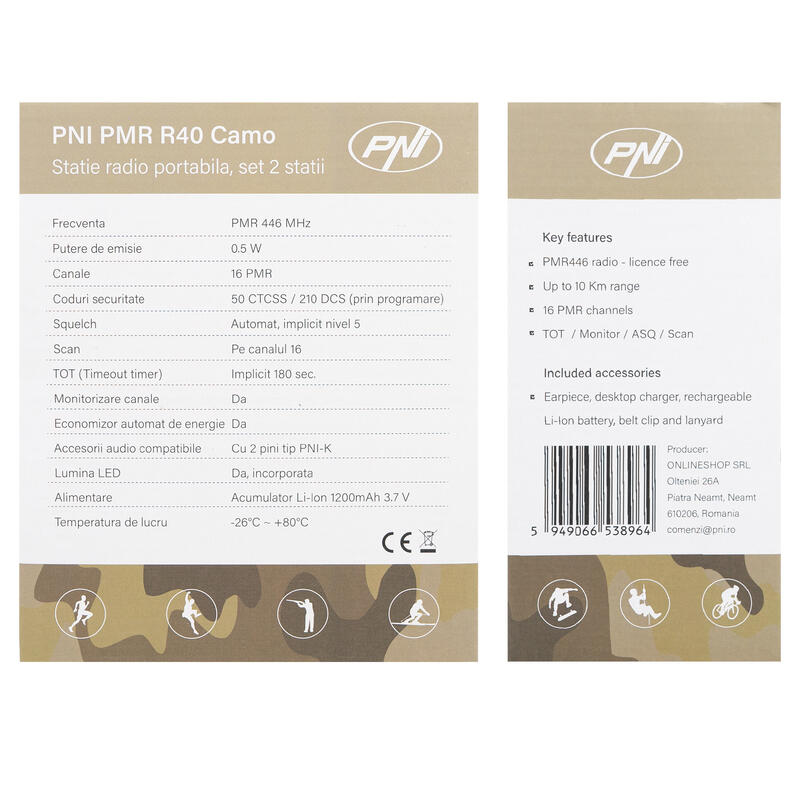 Statie radio portabila PMR R40 Camo, set cu 2 buc, 0.5W, 16 canale