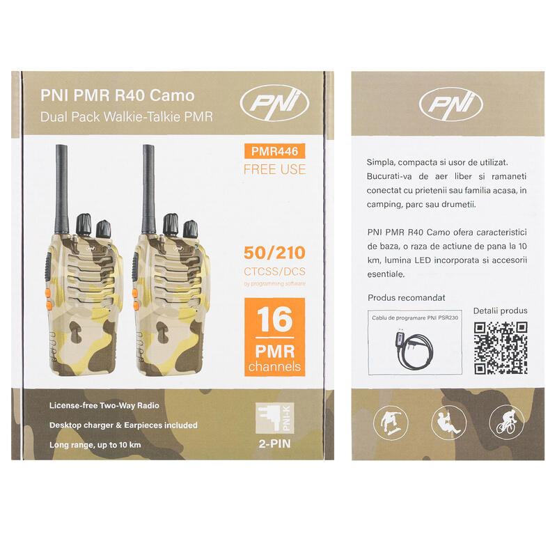 Statie radio portabila PMR R40 Camo, set cu 2 buc, 0.5W, 16 canale