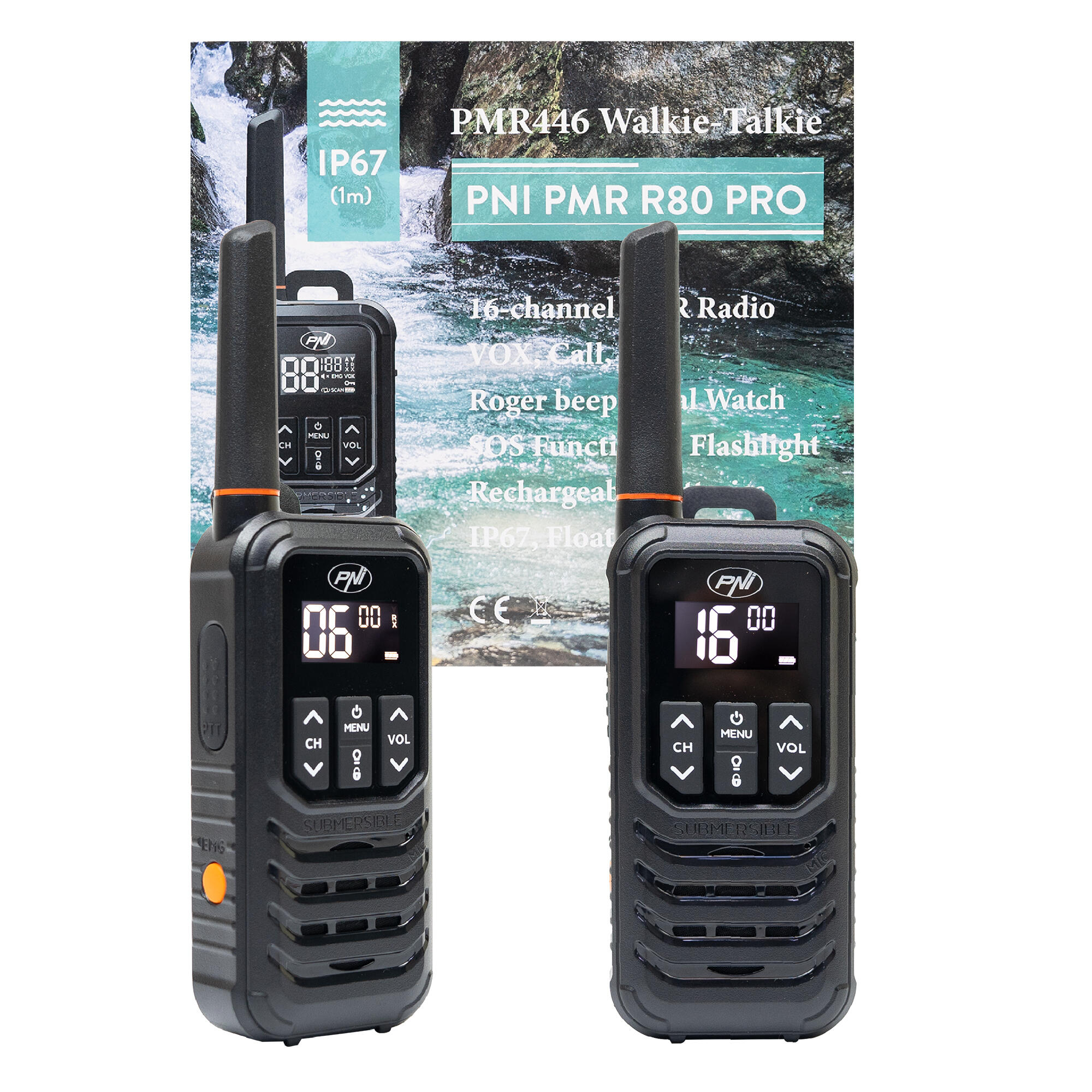 Statie radio portabila PMR R80 PRO, set 2 buc, 16 canale, IP67, lanterna LED