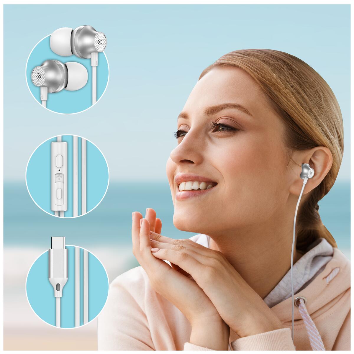 Forever EP-02 bedrade in-ear oordopjes USB-C wit 3/7
