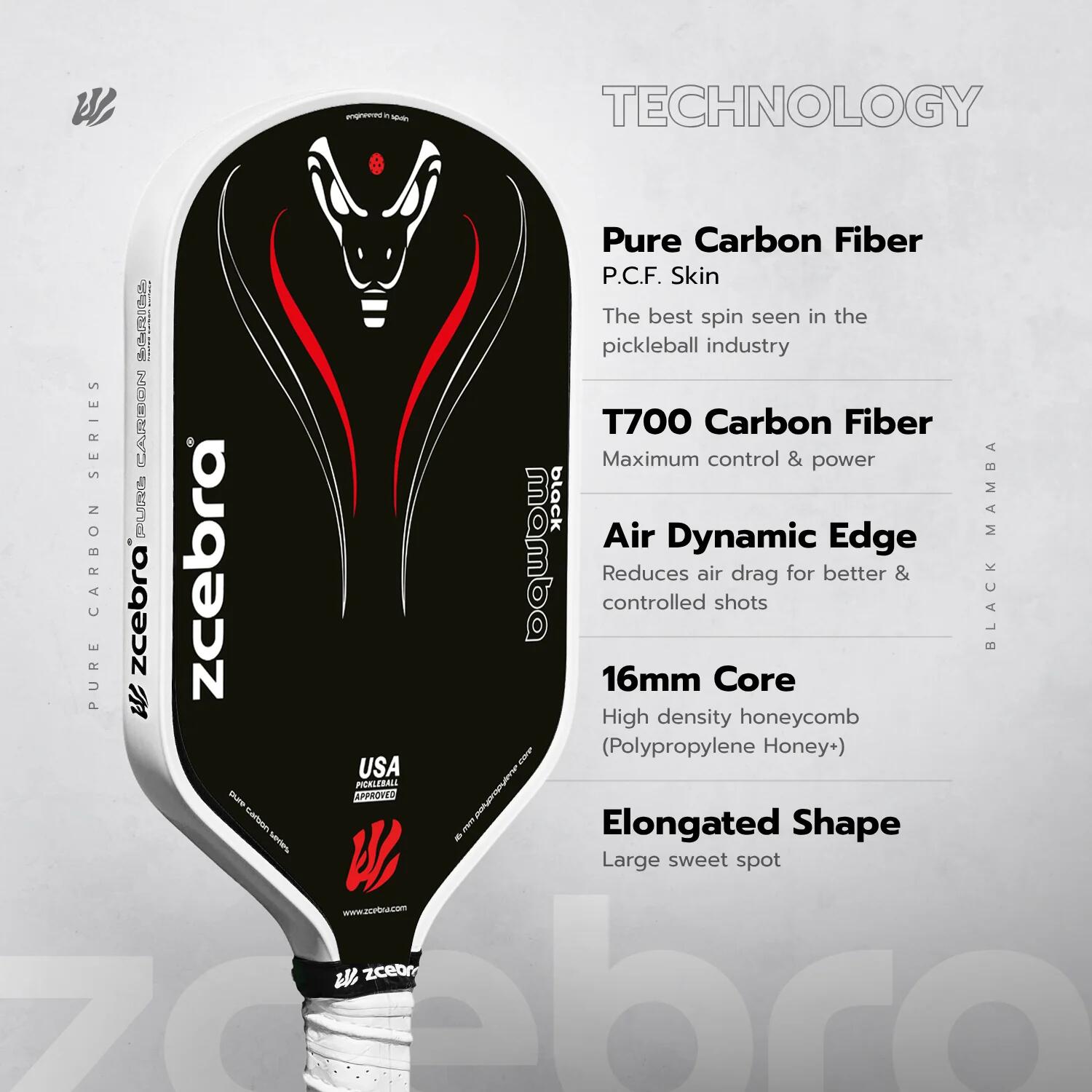 Pala de Pickleball Carbono Puro Zcebra Black Mamba 3/7