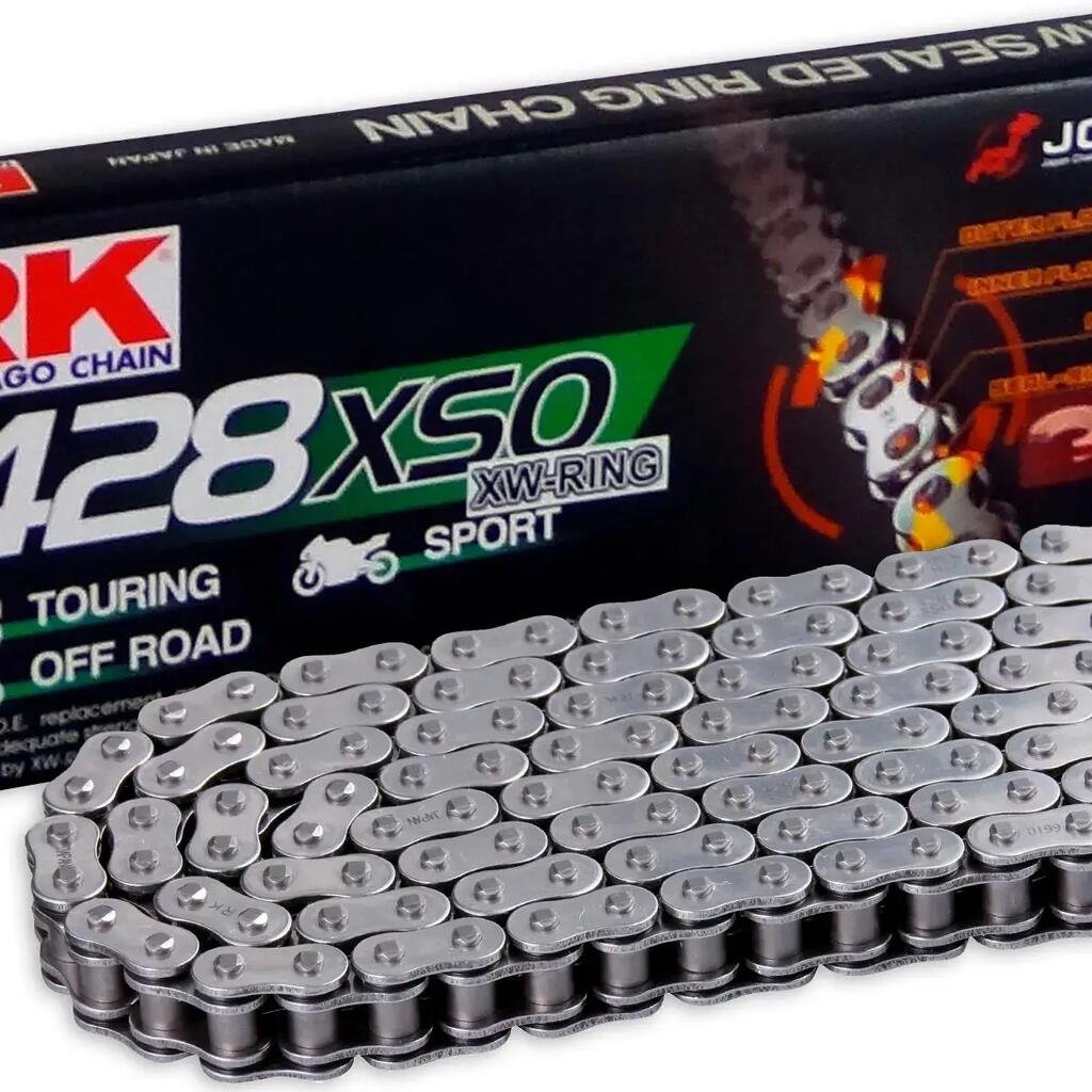 RK 428 XSO Bicycle Chain — 132 Links, Grey, Open.