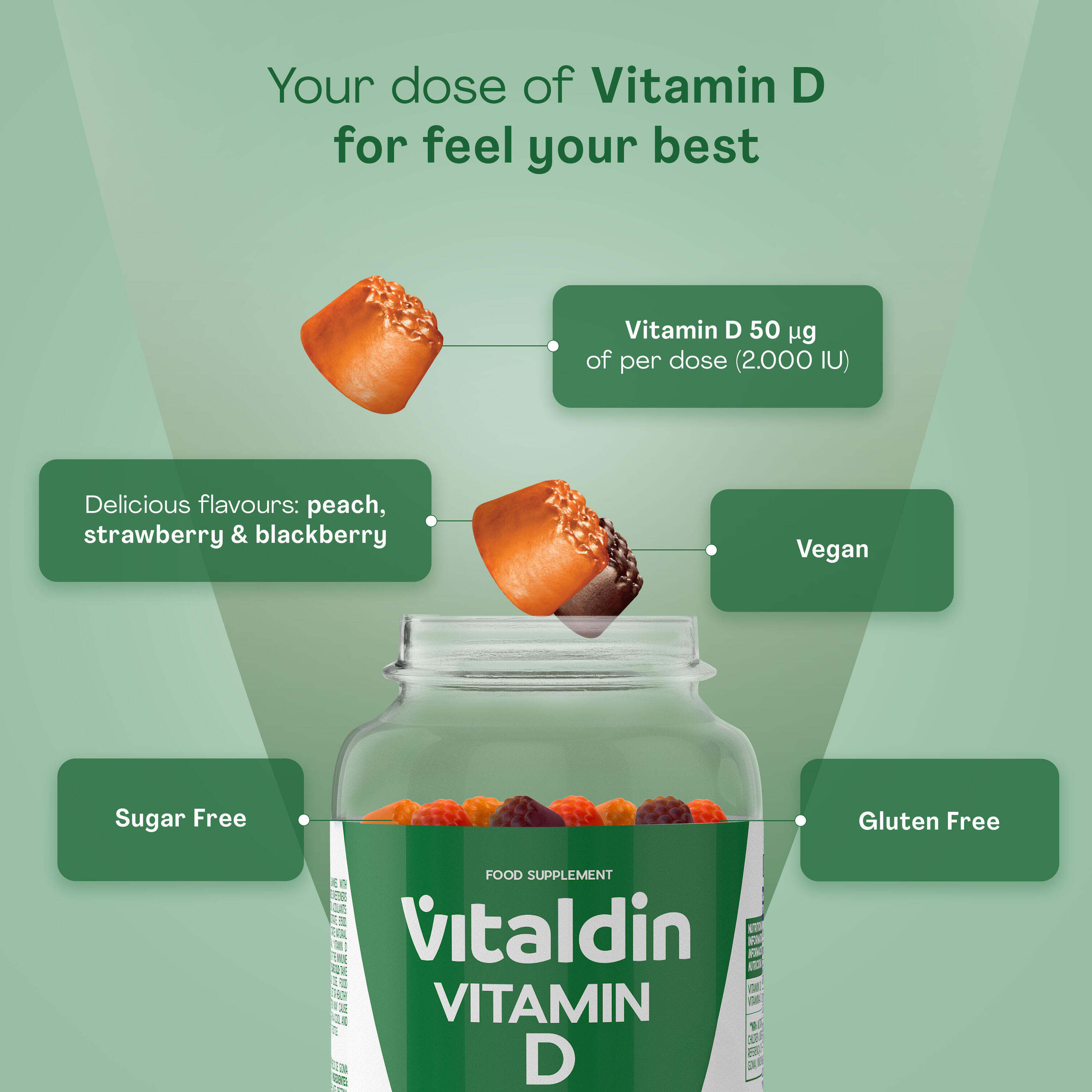 Vitaldin Vitamine D Gummies 2000 IE Vegan Suikervrij 3 potten 2/5
